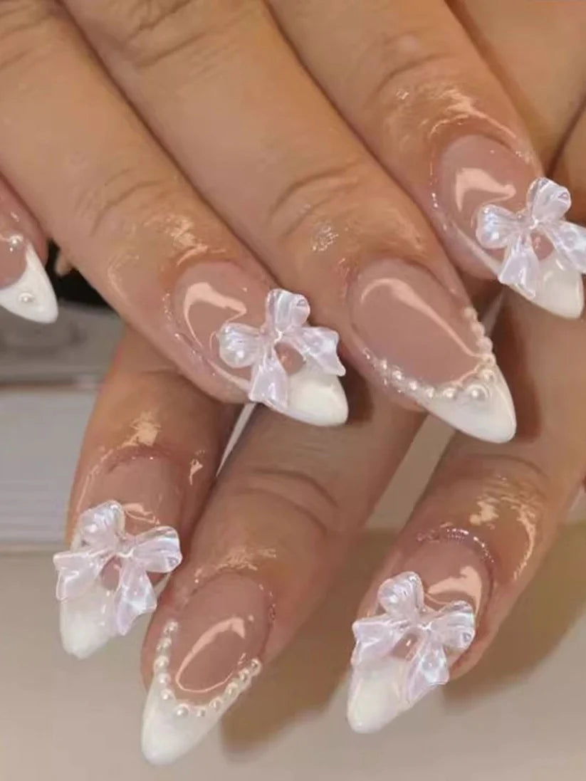 The Pink Truck Set of 24 Almond Tip Reusable Artificial Nails & Glue - Bowknot & Pearls PA6 BUY