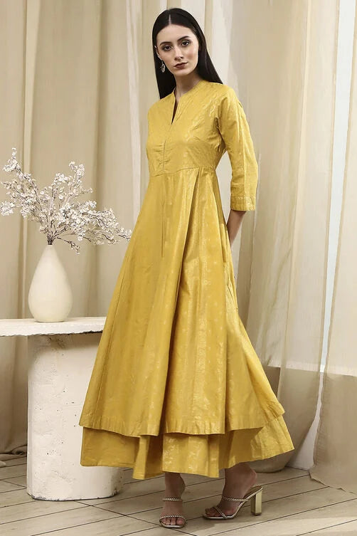 Lime Yellow Cotton Layered Anarkali Dress Online