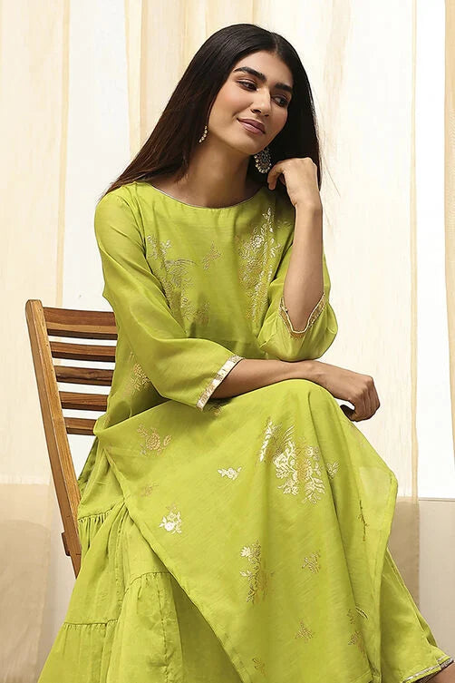 Green Poly Chanderi Layered Tiered Dress Online