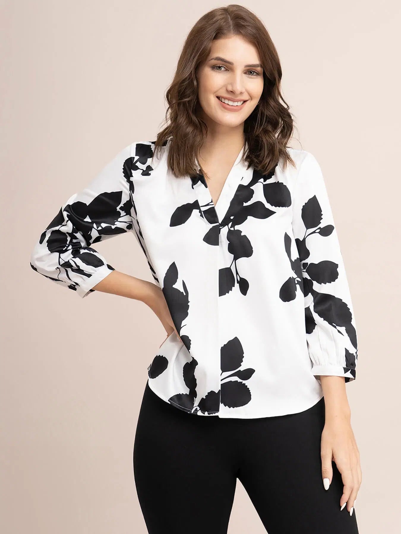 Satin Floral Print Top - White And Black