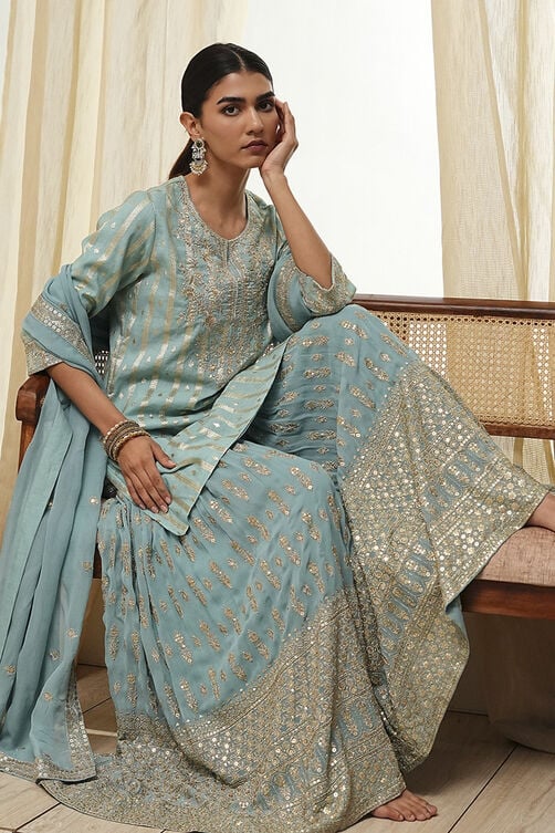 Powder Blue Embroidered Straight Suit Set