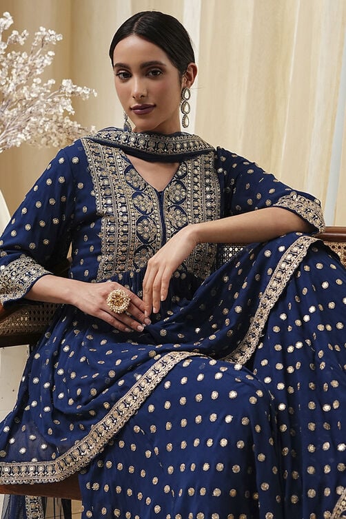 Teal Blue Georgette Embroidered Peplum Suit Set