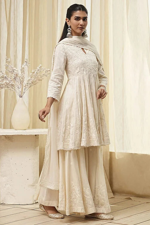 Off-White Cotton Embroidered Flared Suit Set online