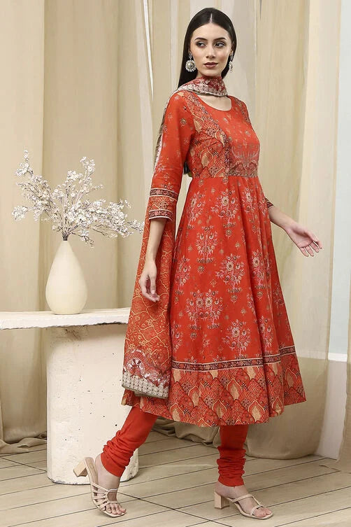 Orange Cotton Printed Anarkali Suit Set Online