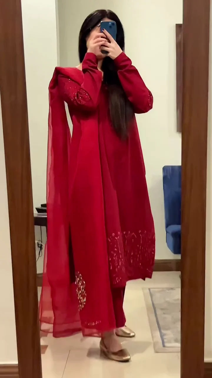 Maroon & gold Embroidered Straight Kurta With Trousers & Dupatta RA11 26