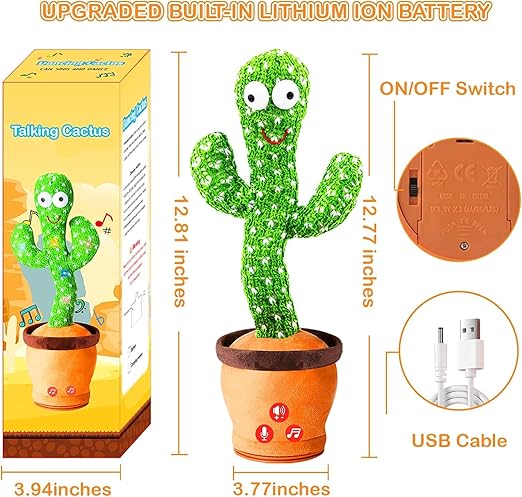 Storio Rechargeable Toys Talking Cactus Baby Toys for Kids Dancing Cactus Toys Can Sing Wriggle & Singing Recording Repeat What You Say Funny Education Toys for Children Playing Home Decor for Kids