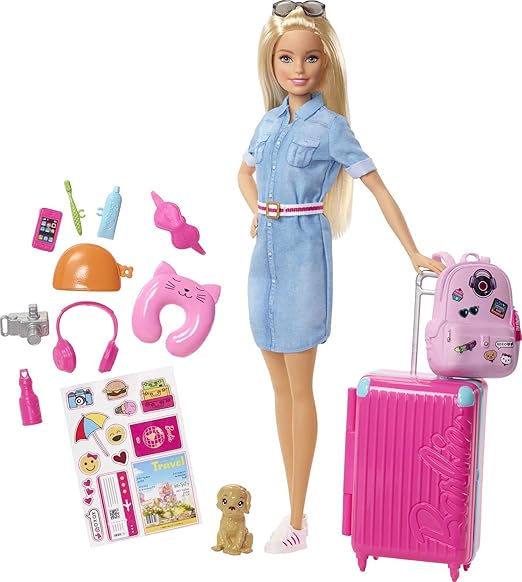 Barbie Blonde Pop en Reisset met Accessoires - Inclusief Puppy, Bagage, Stickers en 10+ Accessoires - Cadeau voor Kinderen Van 3 tot 7 Jaar