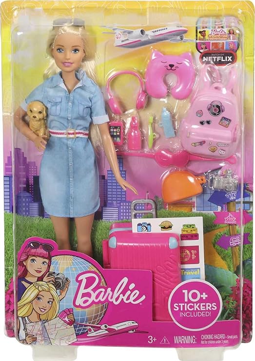 Barbie Blonde Pop en Reisset met Accessoires - Inclusief Puppy, Bagage, Stickers en 10+ Accessoires - Cadeau voor Kinderen Van 3 tot 7 Jaar