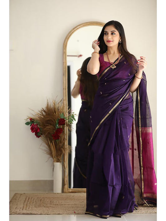 Purple Woven Designer Cotton Silk Kanjivaram Saree with Unstitched Blouse