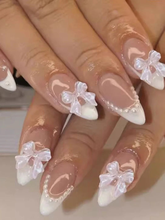 The Pink Truck Set of 24 Almond Tip Reusable Artificial Nails & Glue - Bowknot & Pearls PA6 BUY