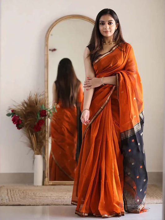 Orange Woven Designer Cotton Silk Kanjivaram Saree with Unstitched Blouse