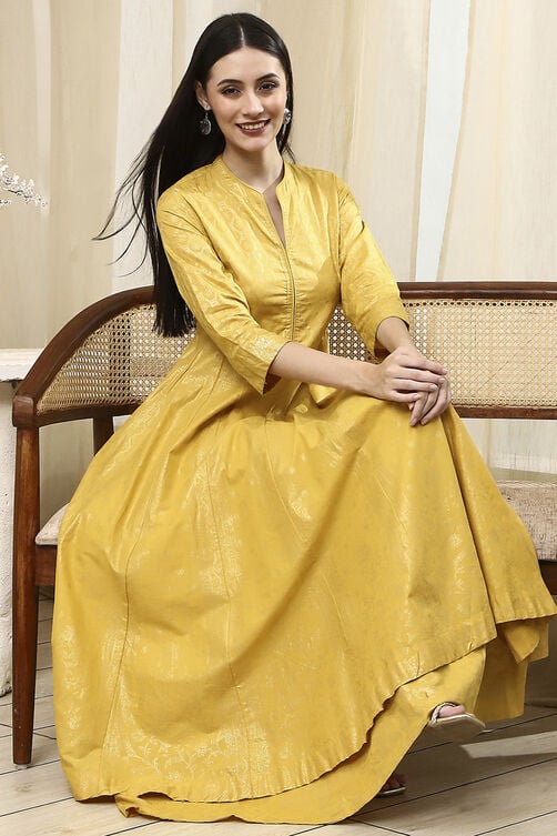 Lime Yellow Cotton Layered Anarkali Dress Online