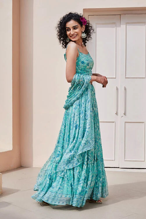 Sea Green Polyester Straight Lehenga Set online