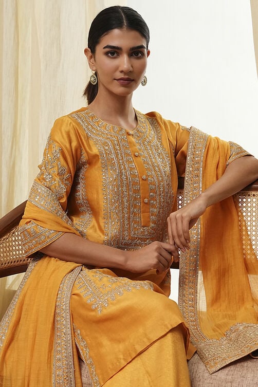 Ochre Yellow Cotton Silk Straight Suit Set online