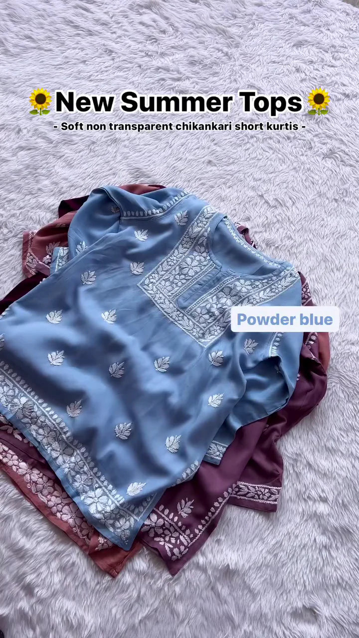 Lucknowi Chikankari Rayon Short Top Sky Blue ONLINE
